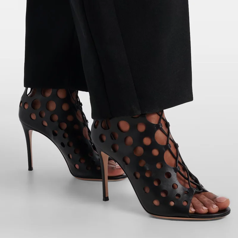 Lace Up Hollow Out Peep Toe Sandals Sexy Round Toe Thin Heel Matte Leather Customized New Arrivals Fashion Women Shoes