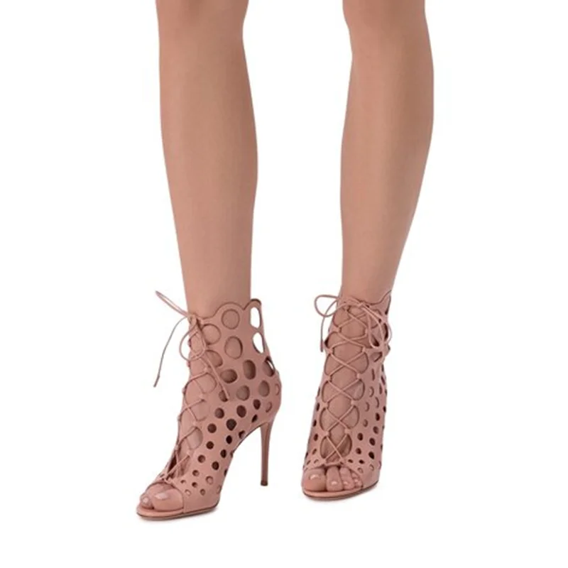 Lace Up Hollow Out Peep Toe Sandals Sexy Round Toe Thin Heel Matte Leather Customized New Arrivals Fashion Women Shoes