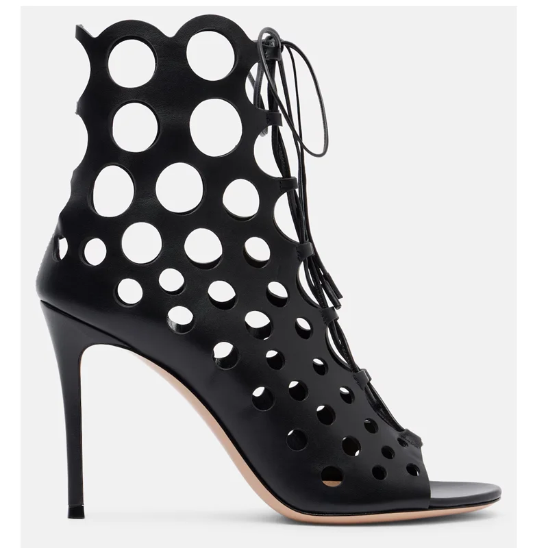 Lace Up Hollow Out Peep Toe Sandals Sexy Round Toe Thin Heel Matte Leather Customized New Arrivals Fashion Women Shoes