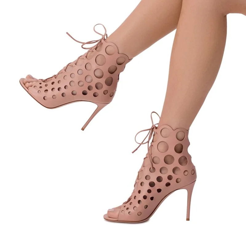 Lace Up Hollow Out Peep Toe Sandals Sexy Round Toe Thin Heel Matte Leather Customized New Arrivals Fashion Women Shoes