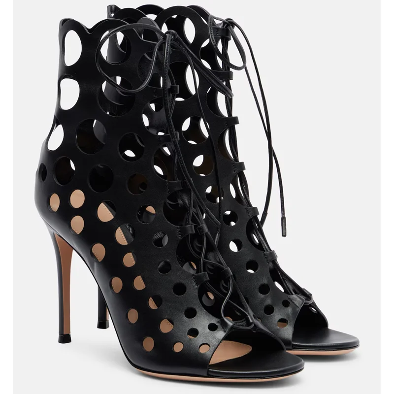 Lace Up Hollow Out Peep Toe Sandals Sexy Round Toe Thin Heel Matte Leather Customized New Arrivals Fashion Women Shoes