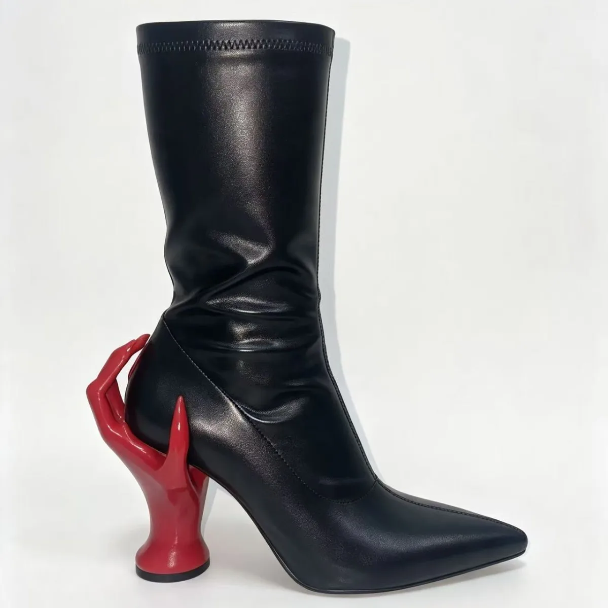 New Spring/Autumn Women's Finger Weird Heels Mid-Calf Boots Pointed Toe Slip On Fashion Sexy Elastic Mid-Calf Boots For Women