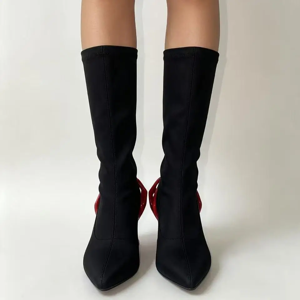 New Spring/Autumn Women's Finger Weird Heels Mid-Calf Boots Pointed Toe Slip On Fashion Sexy Elastic Mid-Calf Boots For Women