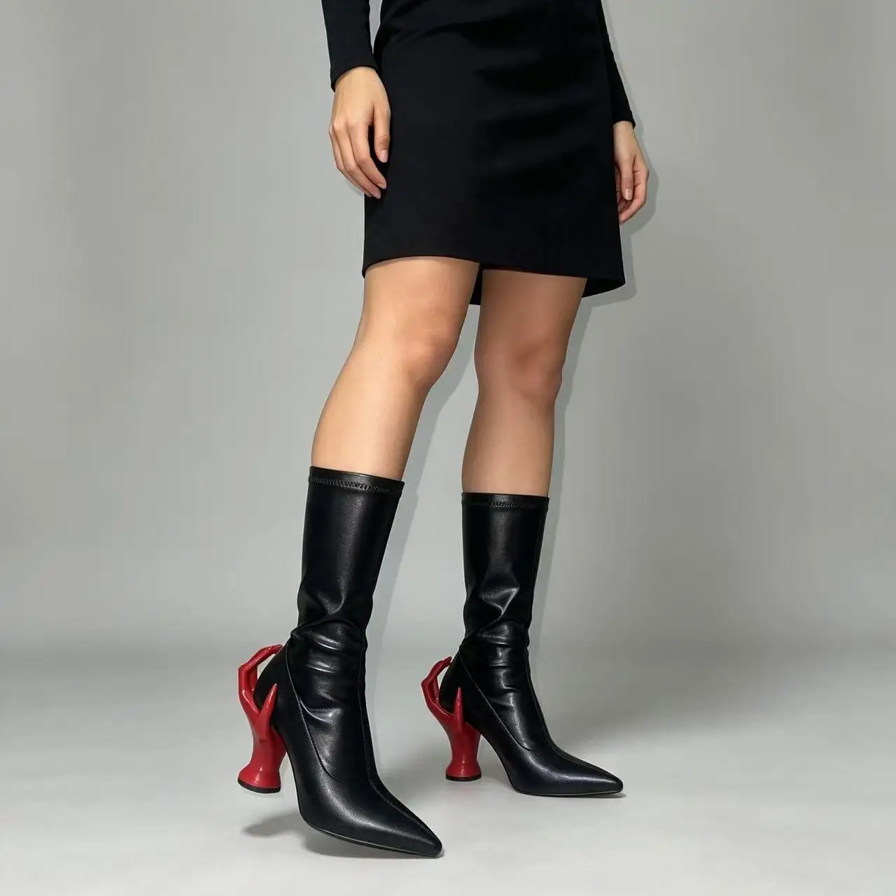 New Spring/Autumn Women's Finger Weird Heels Mid-Calf Boots Pointed Toe Slip On Fashion Sexy Elastic Mid-Calf Boots For Women