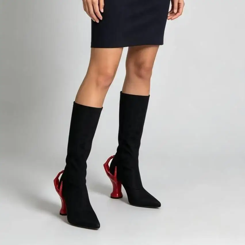New Spring/Autumn Women's Finger Weird Heels Mid-Calf Boots Pointed Toe Slip On Fashion Sexy Elastic Mid-Calf Boots For Women