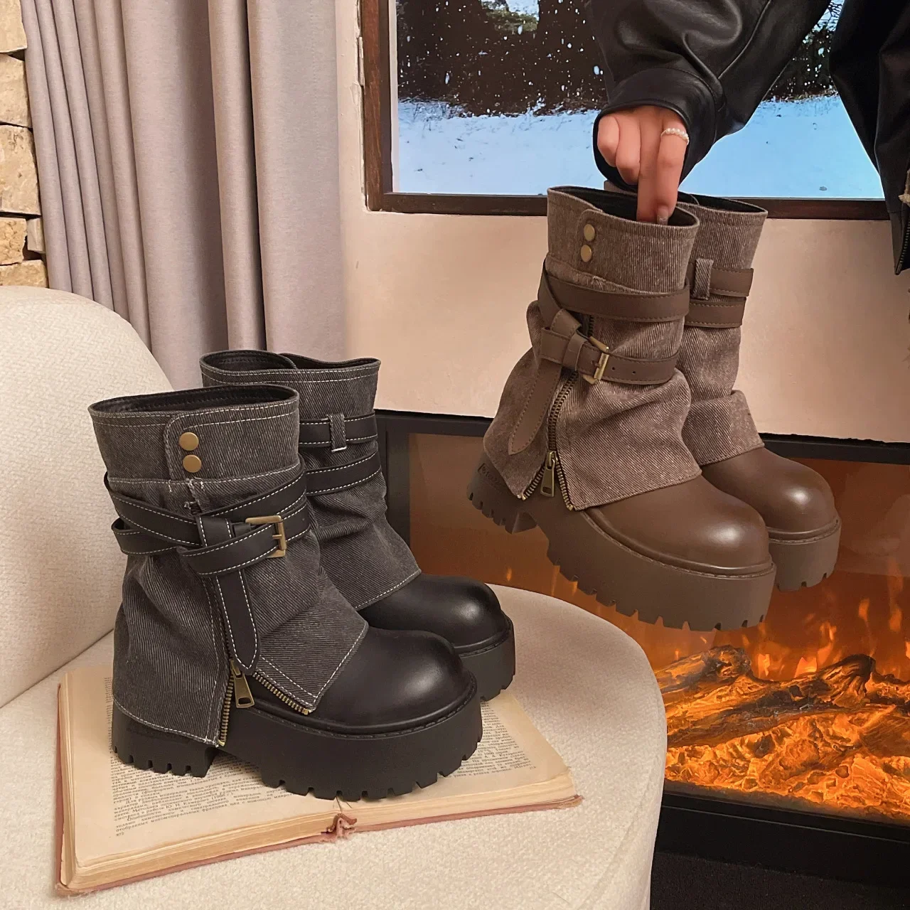 Ankle Boots for Women Cowboy Flats Platform Shoes Fashion Designer Zipper Winter Gothic Boots New Walking Dress Mujer Botas