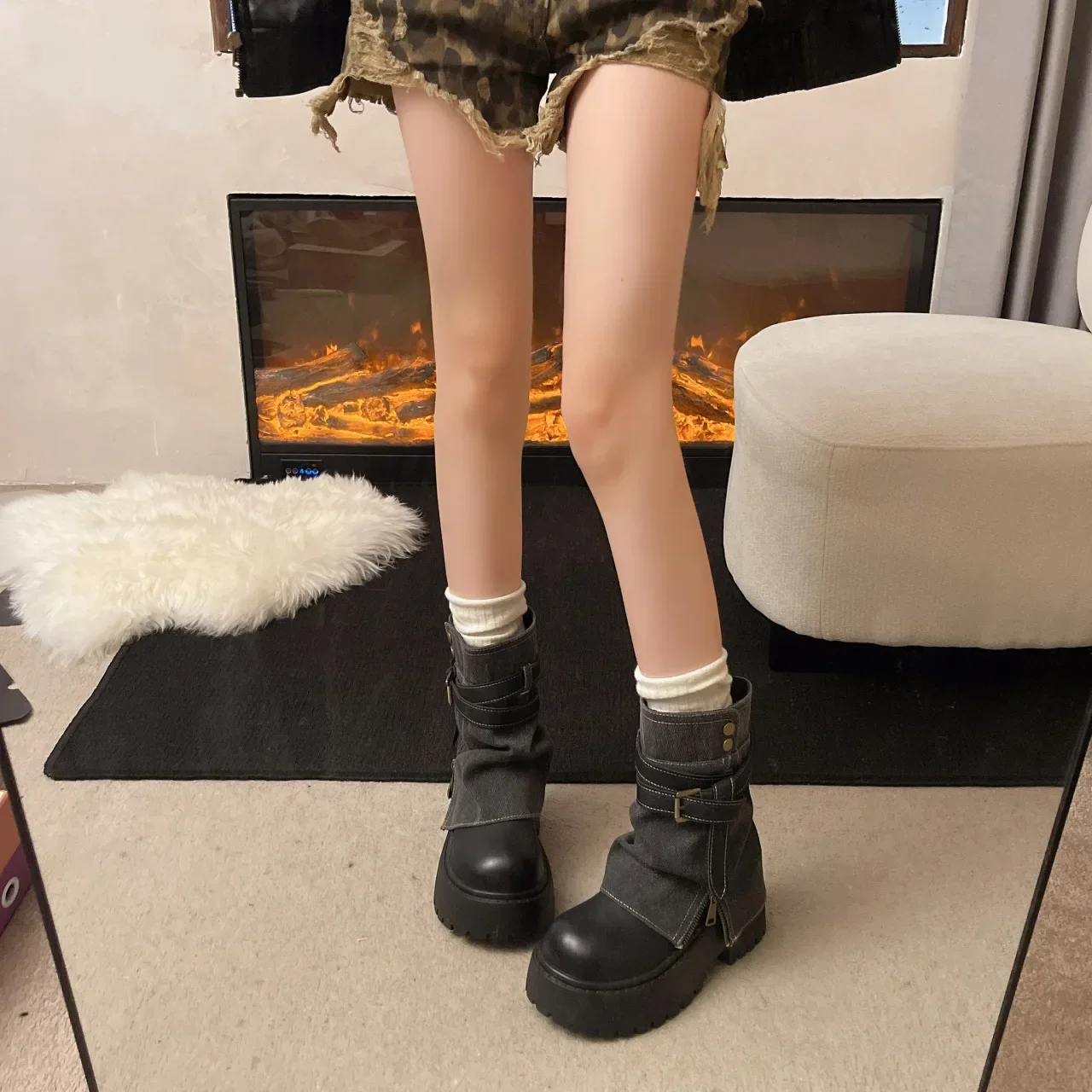 Ankle Boots for Women Cowboy Flats Platform Shoes Fashion Designer Zipper Winter Gothic Boots New Walking Dress Mujer Botas