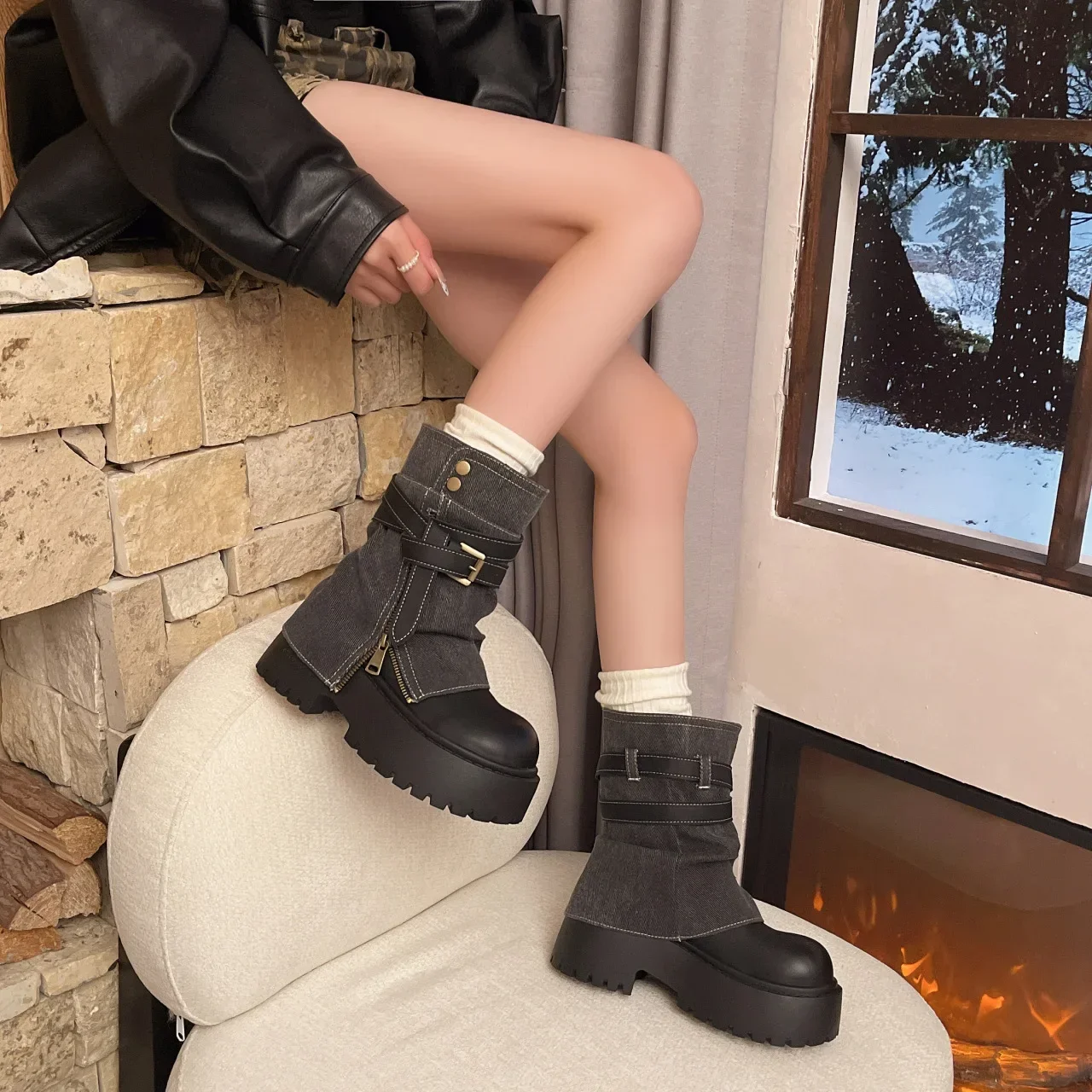 Ankle Boots for Women Cowboy Flats Platform Shoes Fashion Designer Zipper Winter Gothic Boots New Walking Dress Mujer Botas