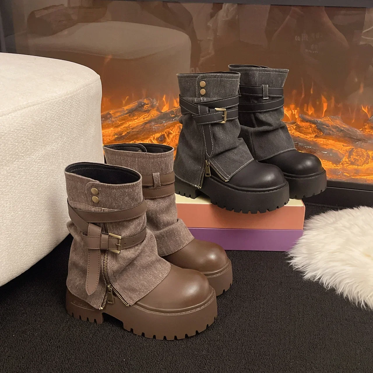 Ankle Boots for Women Cowboy Flats Platform Shoes Fashion Designer Zipper Winter Gothic Boots New Walking Dress Mujer Botas