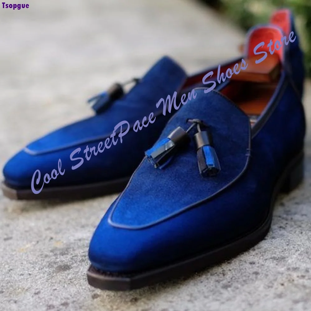 Men Royal Blue Suede Tassel Loafers Shoes Square Pointed Toe Slip‑On Formal Wedding Party Dress Footwear 2026 Zapatillas Mujer