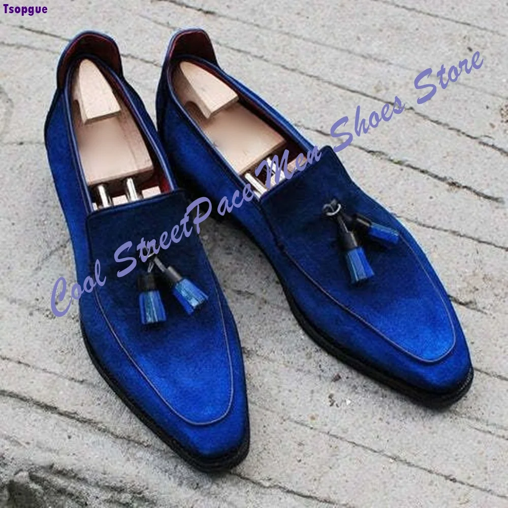 Men Royal Blue Suede Tassel Loafers Shoes Square Pointed Toe Slip‑On Formal Wedding Party Dress Footwear 2026 Zapatillas Mujer