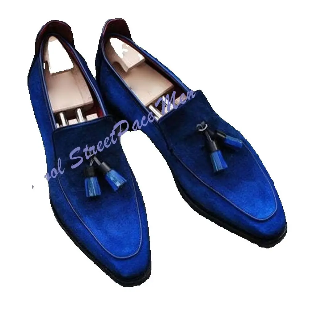 Men Royal Blue Suede Tassel Loafers Shoes Square Pointed Toe Slip‑On Formal Wedding Party Dress Footwear 2026 Zapatillas Mujer