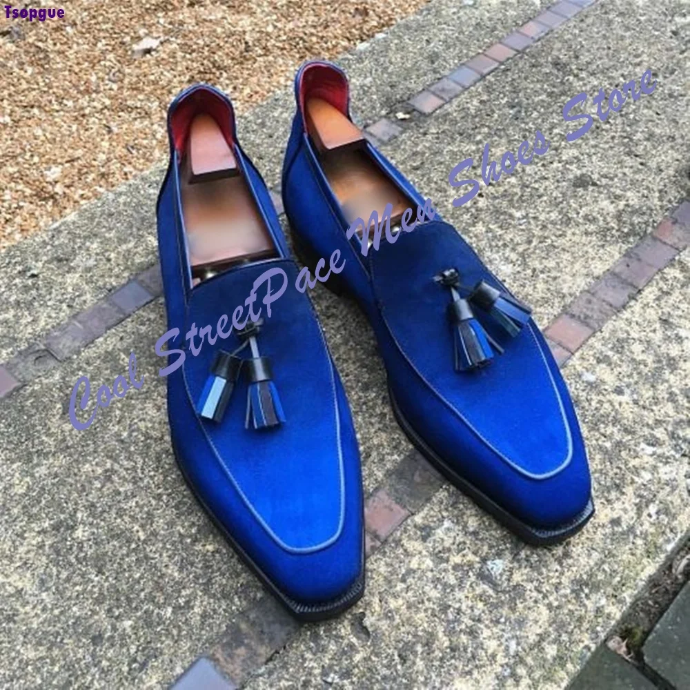 Men Royal Blue Suede Tassel Loafers Shoes Square Pointed Toe Slip‑On Formal Wedding Party Dress Footwear 2026 Zapatillas Mujer