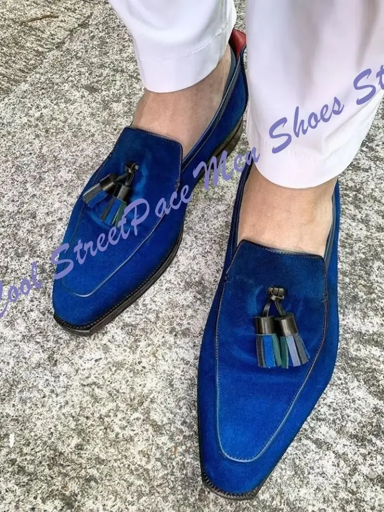 Men Royal Blue Suede Tassel Loafers Shoes Square Pointed Toe Slip‑On Formal Wedding Party Dress Footwear 2026 Zapatillas Mujer