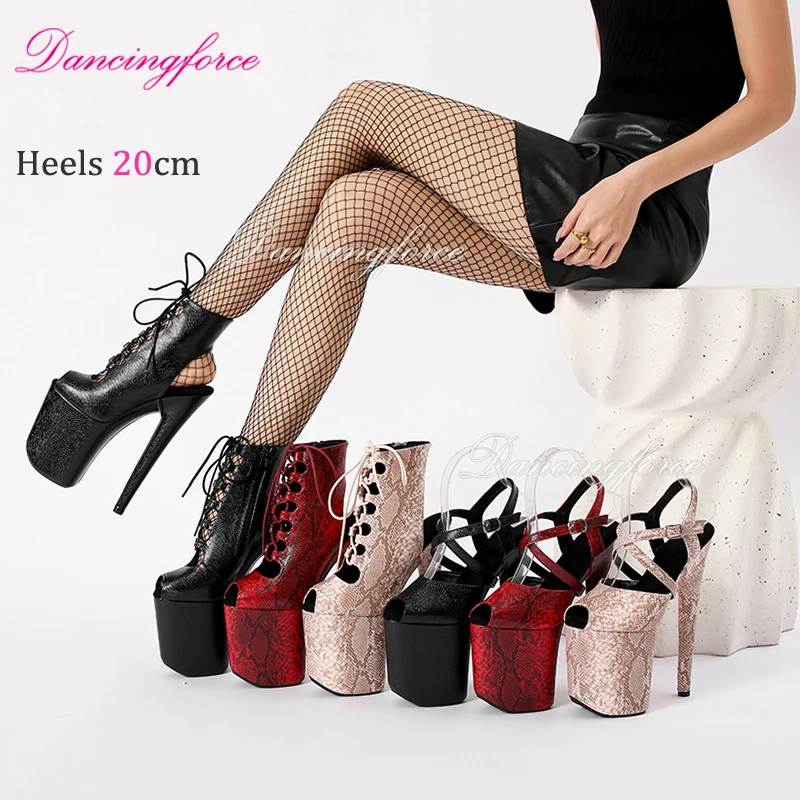 Sexy Snake 20cm 8" Super High Heels Platform Stripper Ankle Boots Sandals Roman Gladiator Pole Dance Shoes Women Small Peep Toe