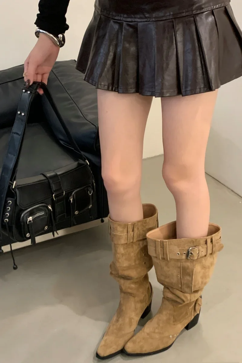 Pointed Toe Knee-High Boots For Women Khaki Wide Tube Long Boots Designer Fashion High Heels Elegant Shoes Botas Knight Boots
