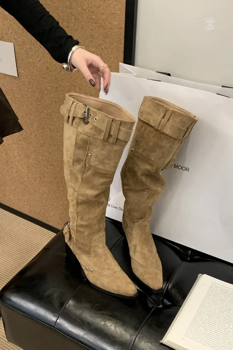 Pointed Toe Knee-High Boots For Women Khaki Wide Tube Long Boots Designer Fashion High Heels Elegant Shoes Botas Knight Boots