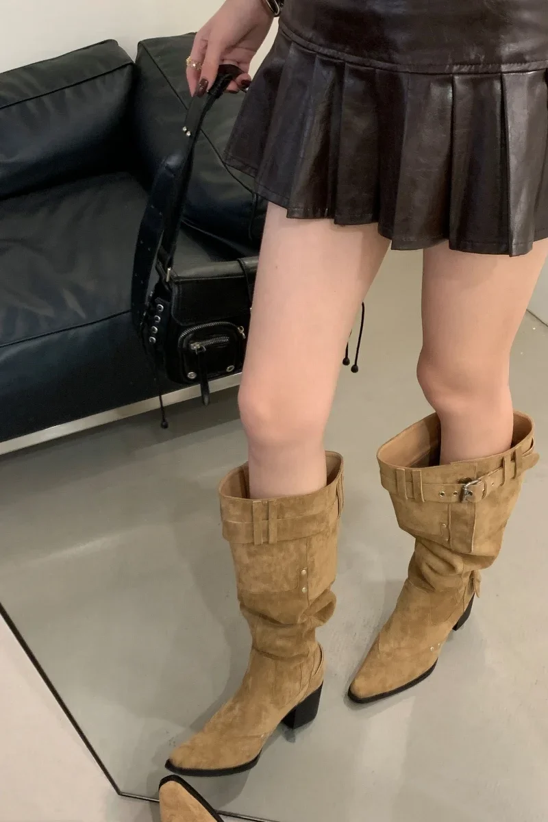Pointed Toe Knee-High Boots For Women Khaki Wide Tube Long Boots Designer Fashion High Heels Elegant Shoes Botas Knight Boots