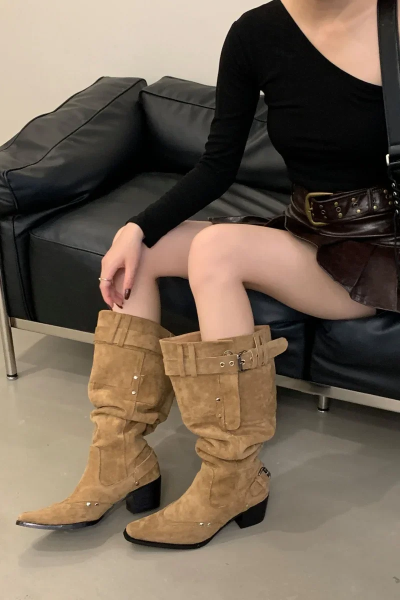 Pointed Toe Knee-High Boots For Women Khaki Wide Tube Long Boots Designer Fashion High Heels Elegant Shoes Botas Knight Boots