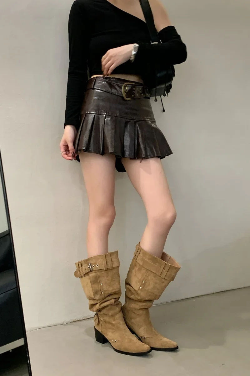 Pointed Toe Knee-High Boots For Women Khaki Wide Tube Long Boots Designer Fashion High Heels Elegant Shoes Botas Knight Boots