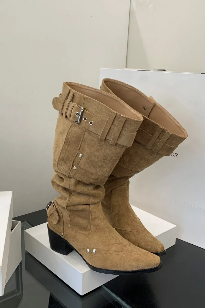 Pointed Toe Knee-High Boots For Women Khaki Wide Tube Long Boots Designer Fashion High Heels Elegant Shoes Botas Knight Boots