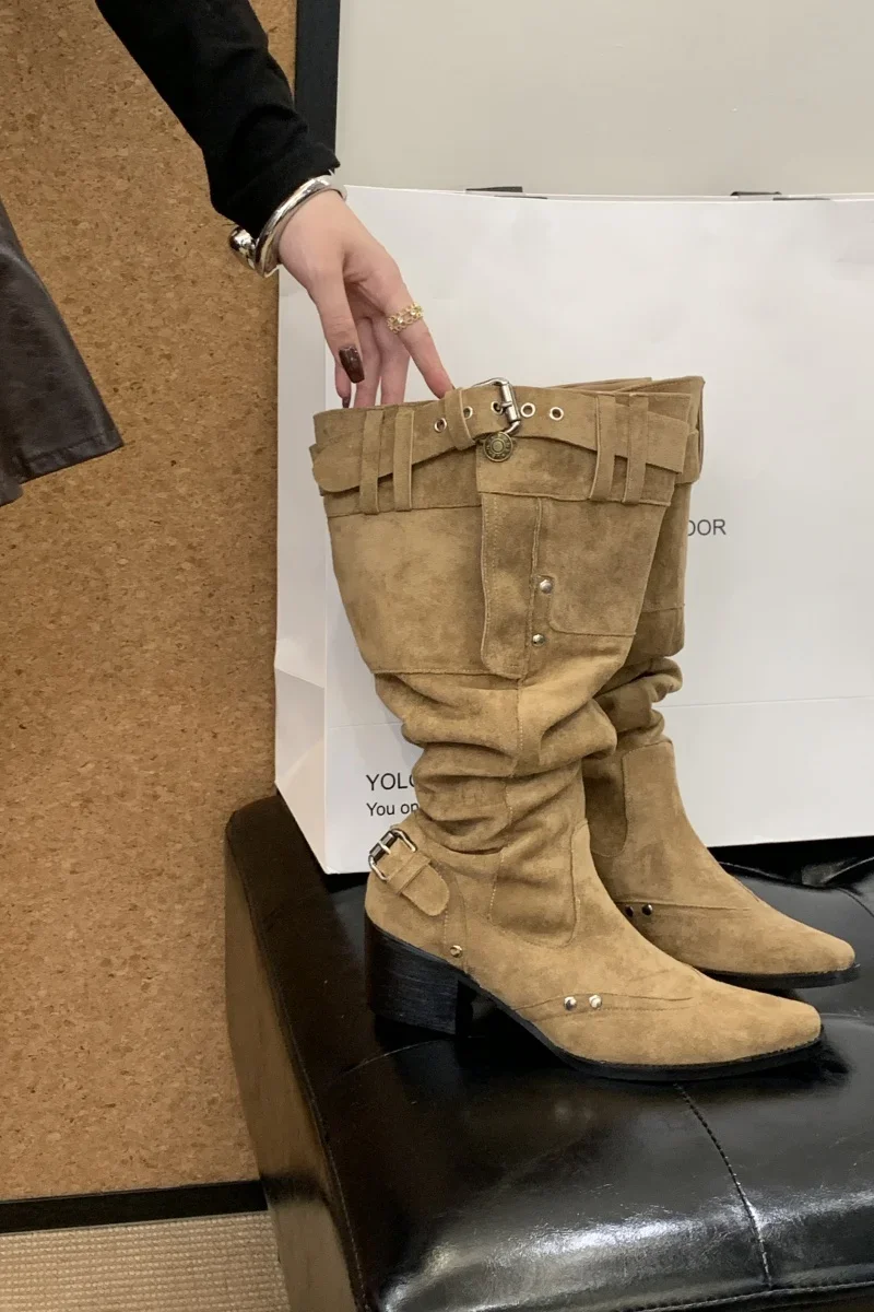 Pointed Toe Knee-High Boots For Women Khaki Wide Tube Long Boots Designer Fashion High Heels Elegant Shoes Botas Knight Boots