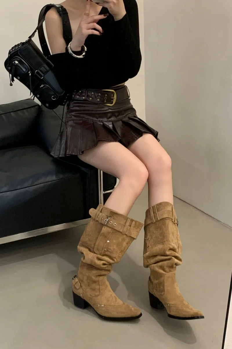 Pointed Toe Knee-High Boots For Women Khaki Wide Tube Long Boots Designer Fashion High Heels Elegant Shoes Botas Knight Boots