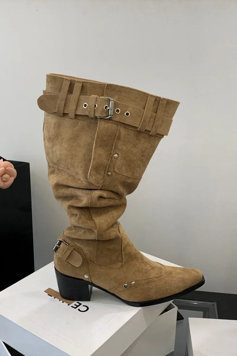 Pointed Toe Knee-High Boots For Women Khaki Wide Tube Long Boots Designer Fashion High Heels Elegant Shoes Botas Knight Boots