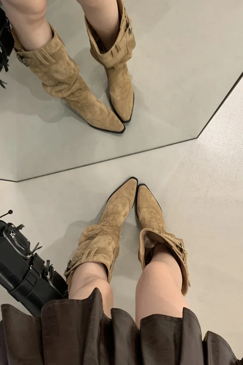 Pointed Toe Knee-High Boots For Women Khaki Wide Tube Long Boots Designer Fashion High Heels Elegant Shoes Botas Knight Boots