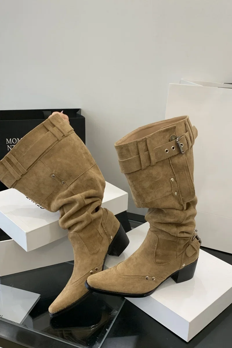 Pointed Toe Knee-High Boots For Women Khaki Wide Tube Long Boots Designer Fashion High Heels Elegant Shoes Botas Knight Boots