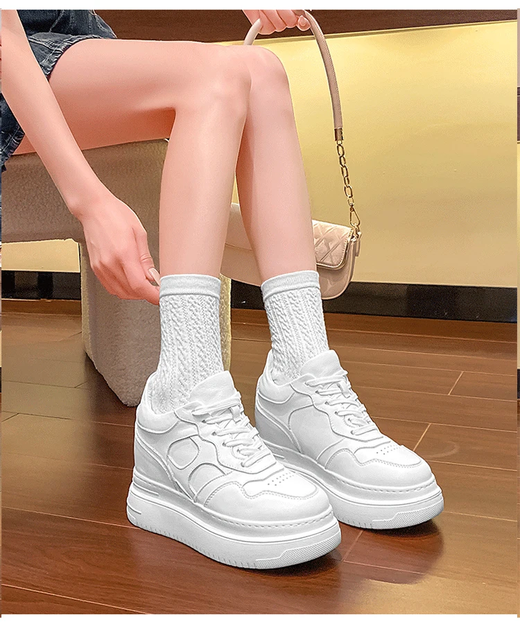 12cm Platform Elevator Sneakers Women Casual White Shoes Genuine Leather 8cm Height Increasing Shoes Female Summer Mesh Sneakers