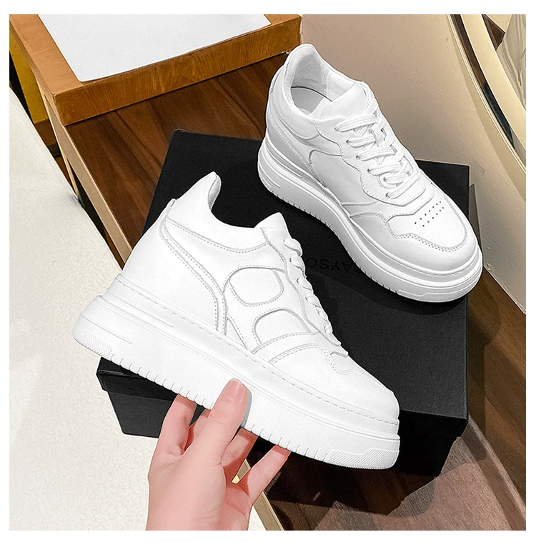 12cm Platform Elevator Sneakers Women Casual White Shoes Genuine Leather 8cm Height Increasing Shoes Female Summer Mesh Sneakers