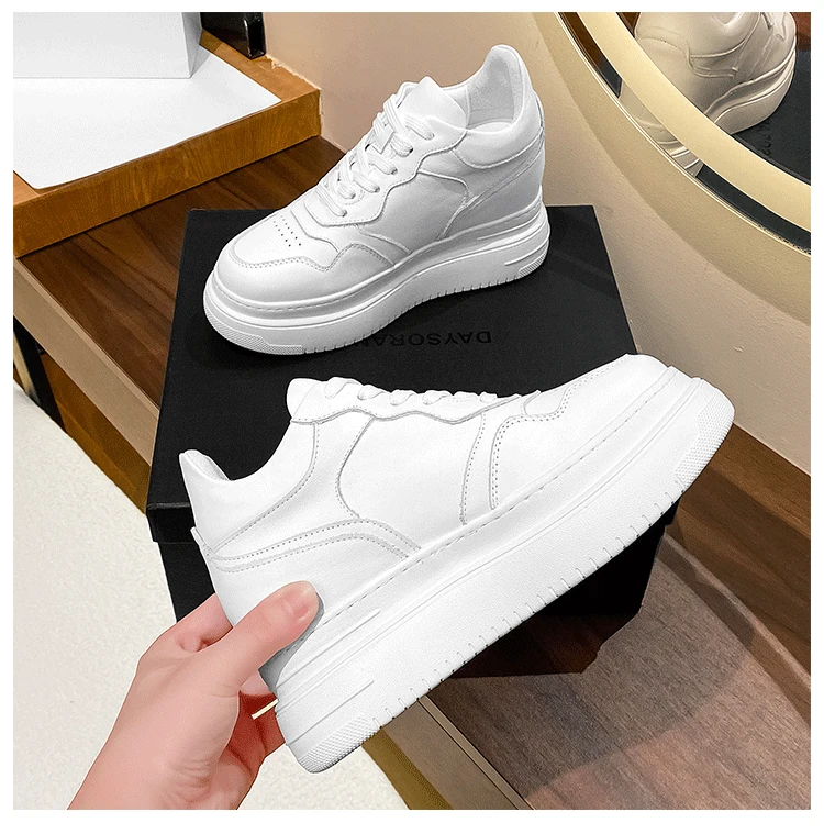 12cm Platform Elevator Sneakers Women Casual White Shoes Genuine Leather 8cm Height Increasing Shoes Female Summer Mesh Sneakers