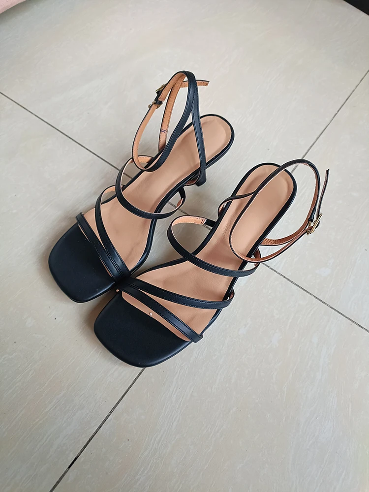 New Trend 2025 Ankle Strap Sandals Summer Women Sexy Party High Heels Black Light-Yellow Beige Apricot One Word Buckle Sandal