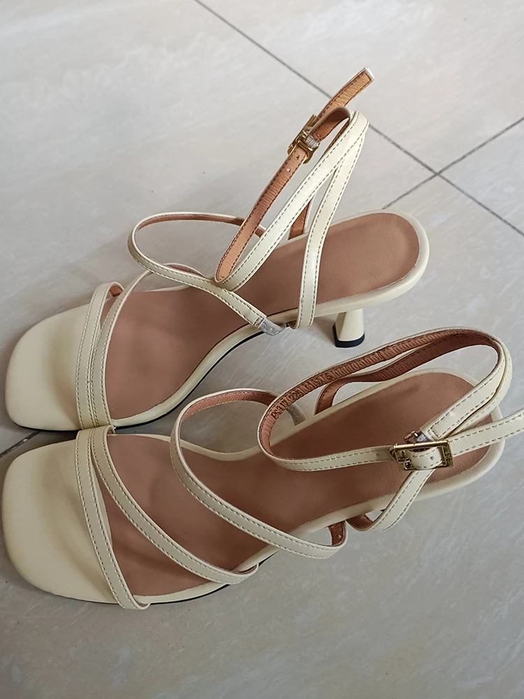 New Trend 2025 Ankle Strap Sandals Summer Women Sexy Party High Heels Black Light-Yellow Beige Apricot One Word Buckle Sandal