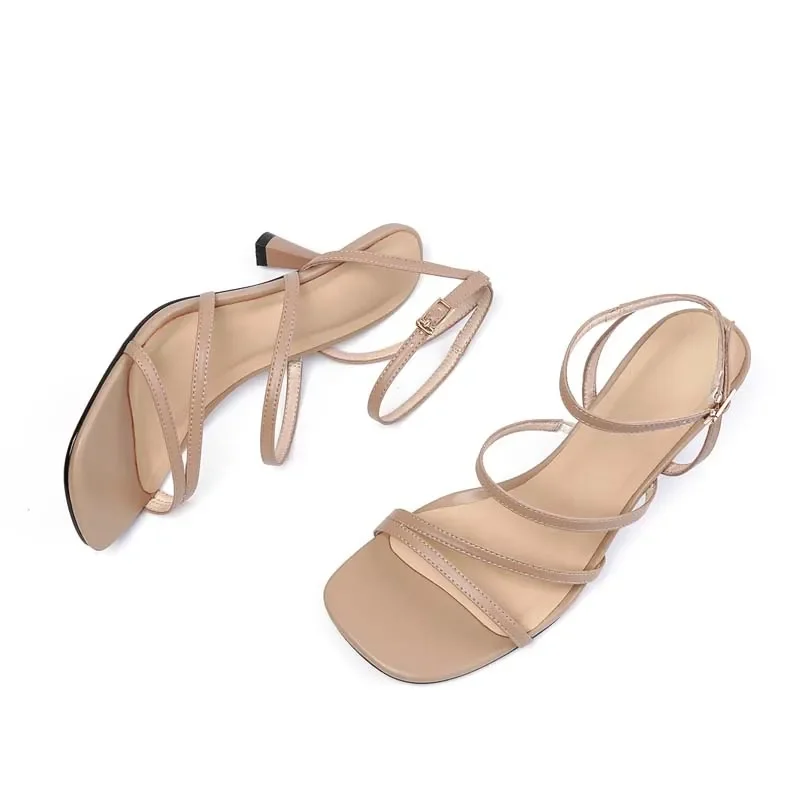 New Trend 2025 Ankle Strap Sandals Summer Women Sexy Party High Heels Black Light-Yellow Beige Apricot One Word Buckle Sandal