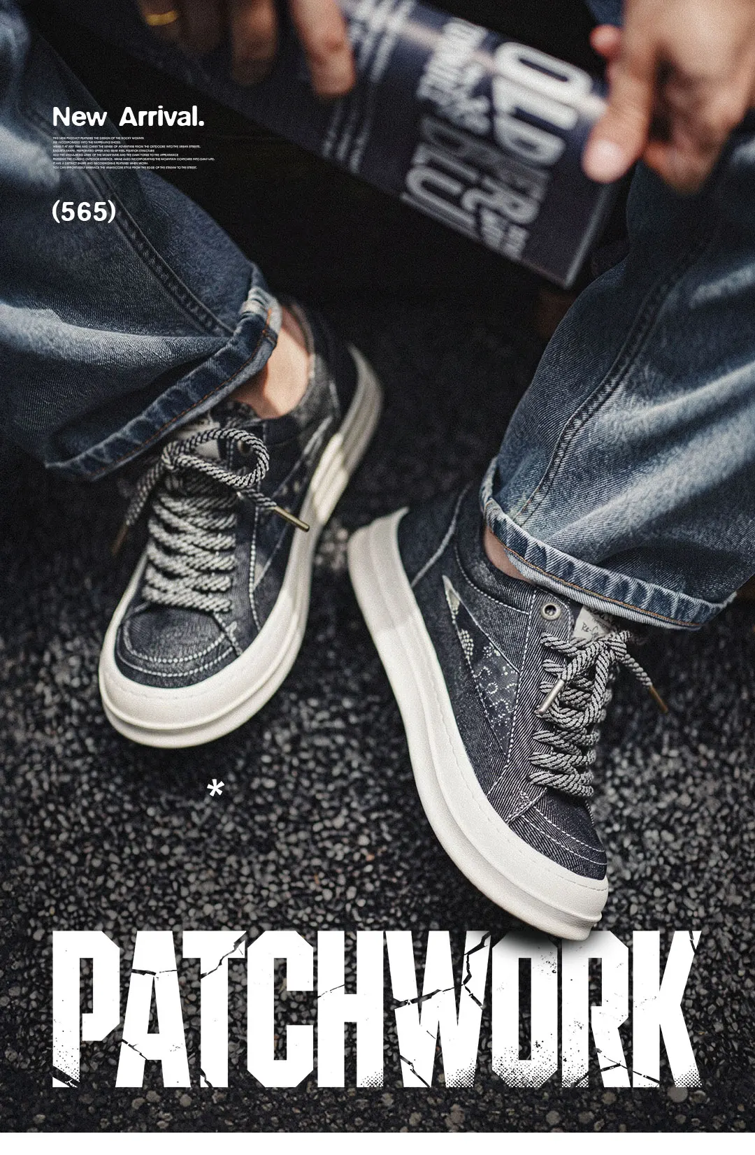 MADEN Black Denim Skate Sneakers Men Japanese Vintage Chunky Thick Sole Height Increasing City Boy Loose Casual Mens Shoes