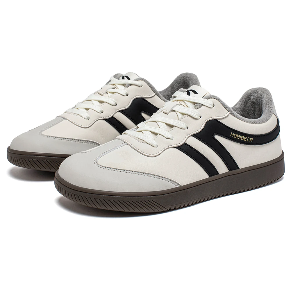 HOBIBEAR Wide Toe Shoes Unisex Artificial Leather Faux Fur Lined Sneakers Casual Retro Lace Up Shoes for Women Men