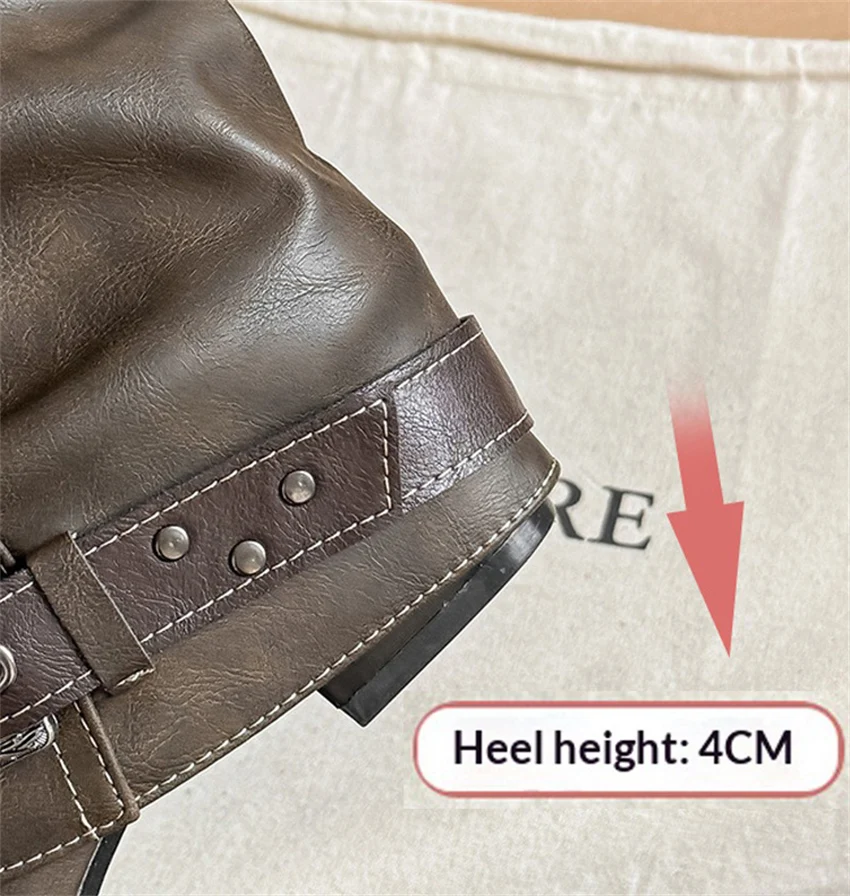 Punk-Style Belt Buckle Mid-Calf Boots for Women Square Heel Motorcycle Boots Pu Leather Pleated Boots Street Retro Riding Boots