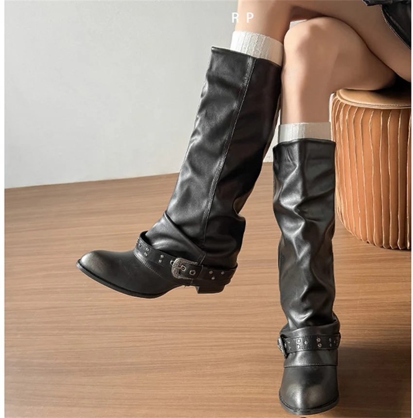 Punk-Style Belt Buckle Mid-Calf Boots for Women Square Heel Motorcycle Boots Pu Leather Pleated Boots Street Retro Riding Boots