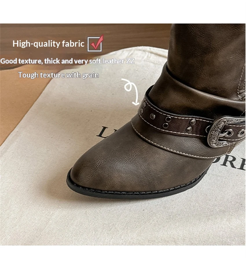 Punk-Style Belt Buckle Mid-Calf Boots for Women Square Heel Motorcycle Boots Pu Leather Pleated Boots Street Retro Riding Boots