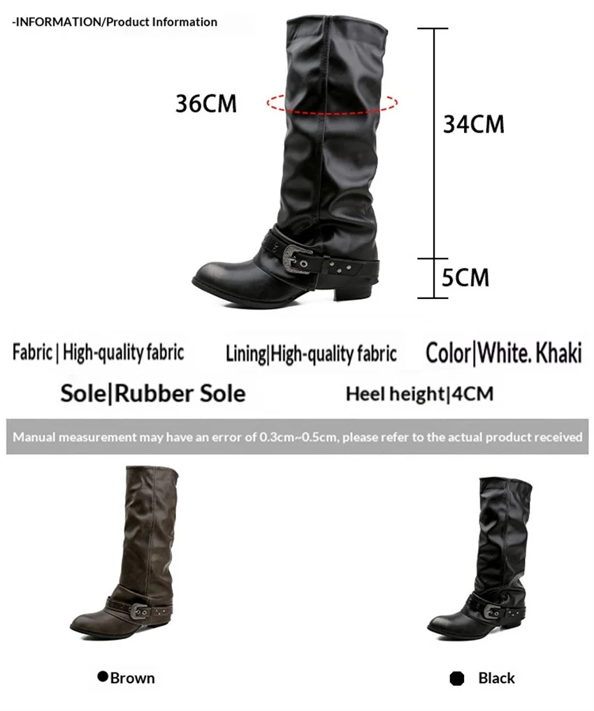 Punk-Style Belt Buckle Mid-Calf Boots for Women Square Heel Motorcycle Boots Pu Leather Pleated Boots Street Retro Riding Boots