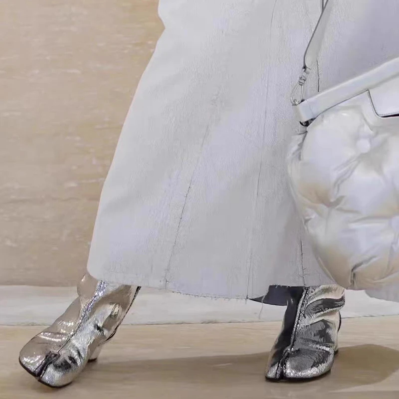 Luxury Brand Designer Genuine Leaher Tabi Shoes Broken Mirror Silver Chunky Heels Booties Split Toe Ankle Boos for Women