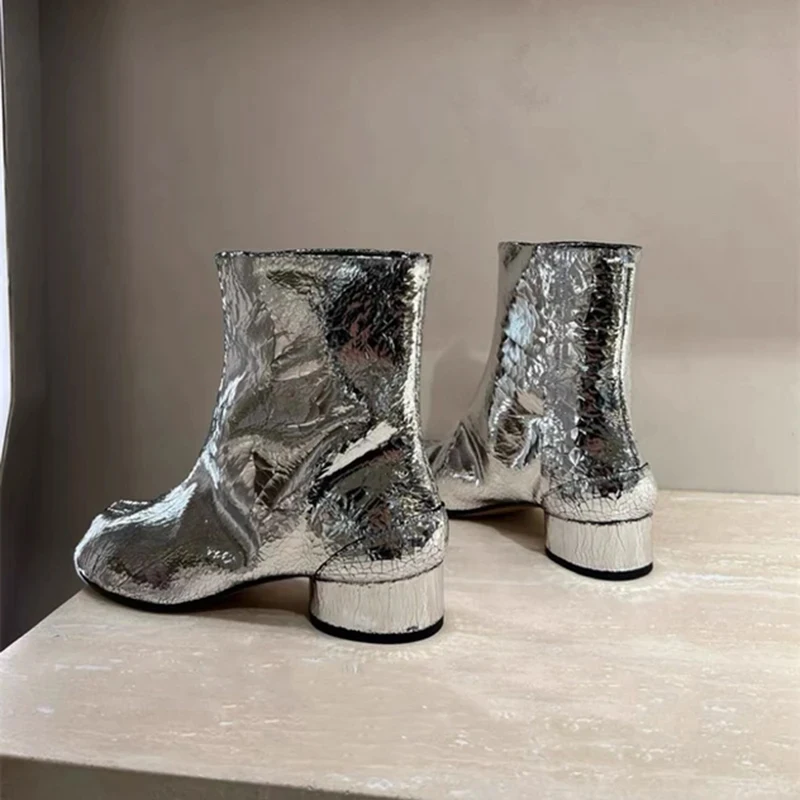 Luxury Brand Designer Genuine Leaher Tabi Shoes Broken Mirror Silver Chunky Heels Booties Split Toe Ankle Boos for Women