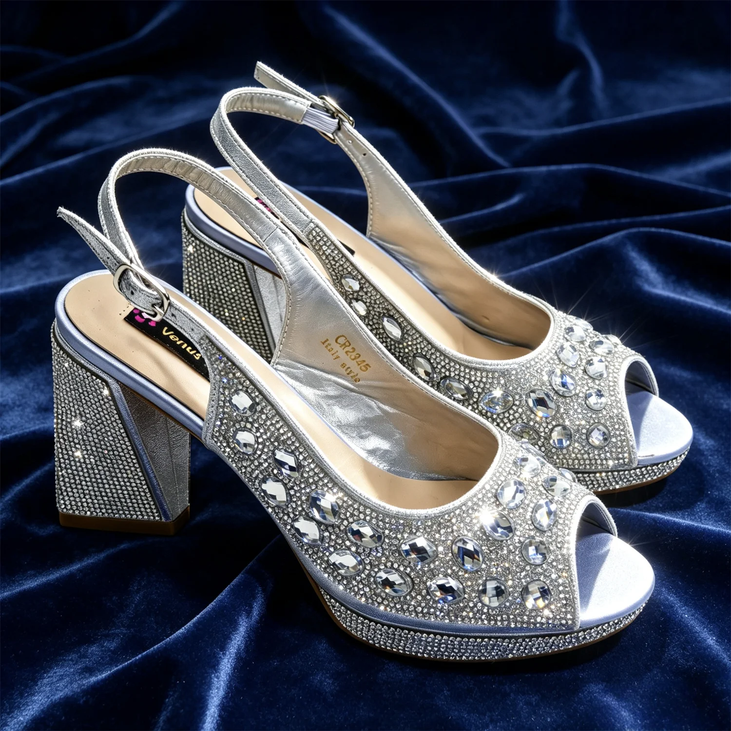 2026 INS Italian Design Silver Rhinestone Peep Toe Women's Bigger Size High Heels Matching Bag Set Ideal for Parties & Weddings