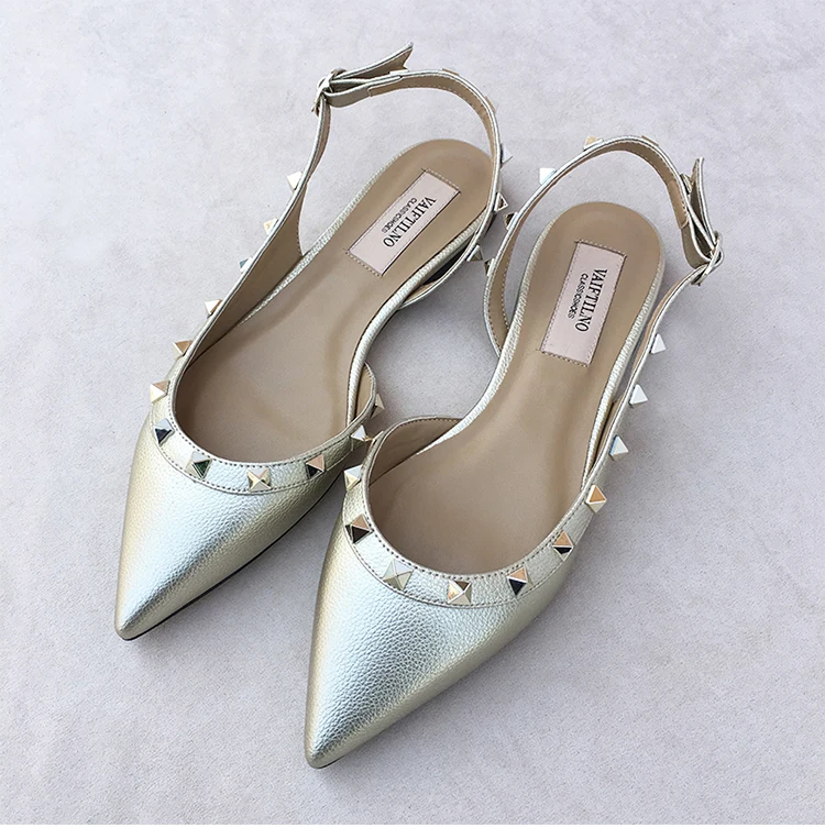Summer Women Sandals luxury women's shoes 2026 New Leather Brand Rivets Shoes Pointed Toe Thin Flat Slippers Solid Casual Outdoo