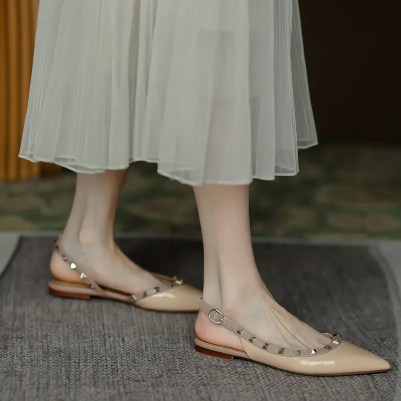 Summer Women Sandals luxury women's shoes 2026 New Leather Brand Rivets Shoes Pointed Toe Thin Flat Slippers Solid Casual Outdoo