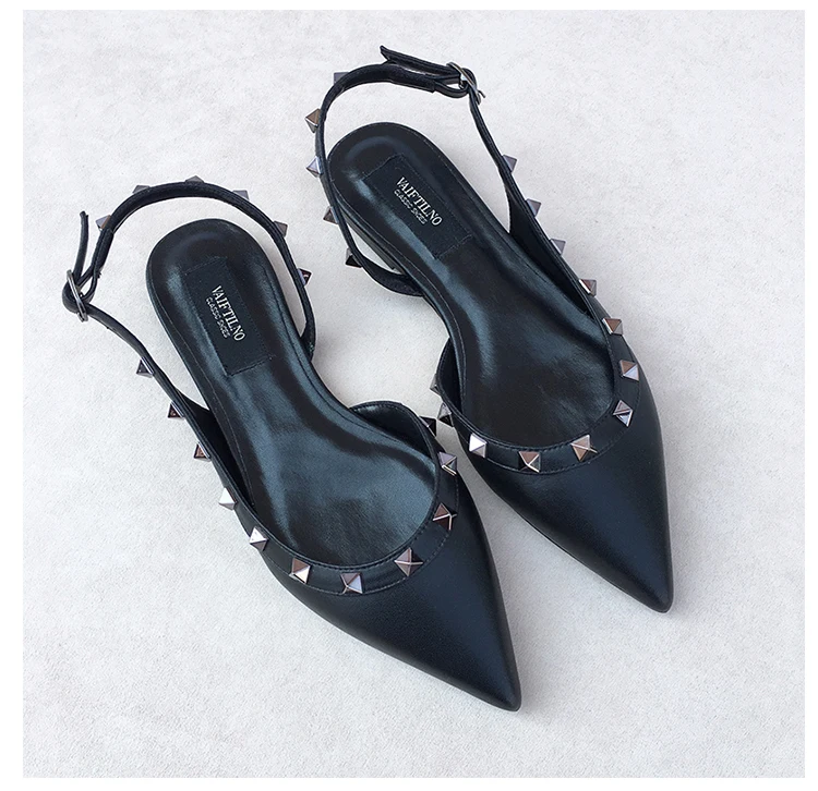 Summer Women Sandals luxury women's shoes 2026 New Leather Brand Rivets Shoes Pointed Toe Thin Flat Slippers Solid Casual Outdoo