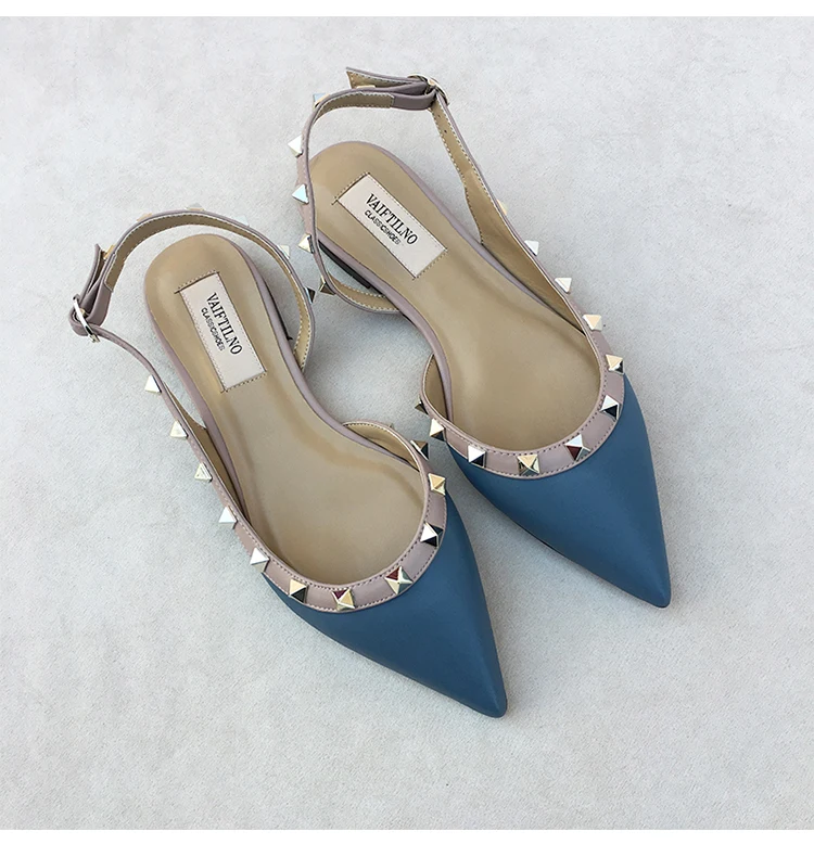 Summer Women Sandals luxury women's shoes 2026 New Leather Brand Rivets Shoes Pointed Toe Thin Flat Slippers Solid Casual Outdoo