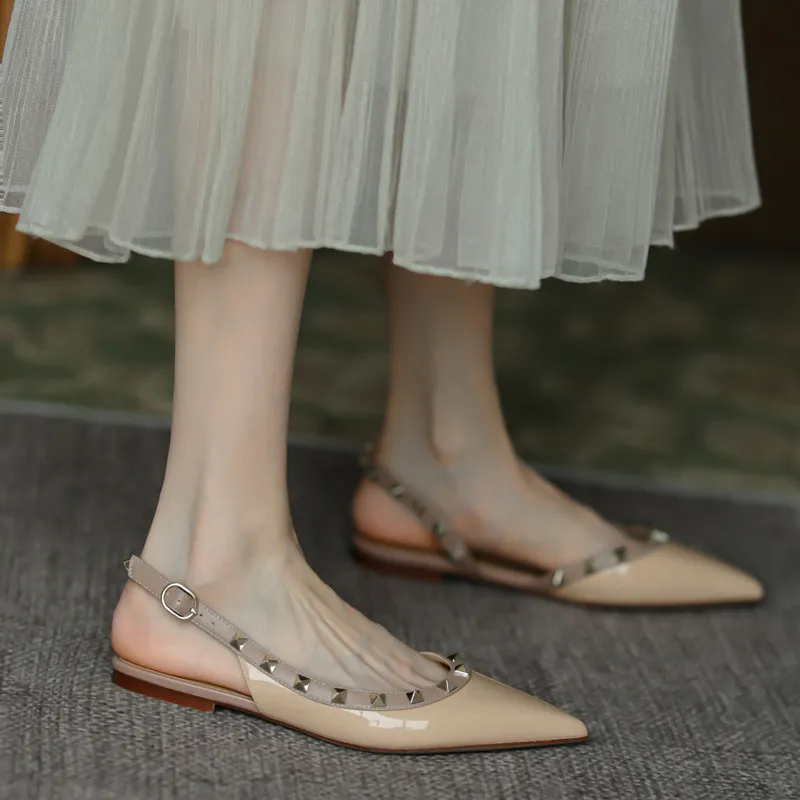 Summer Women Sandals luxury women's shoes 2026 New Leather Brand Rivets Shoes Pointed Toe Thin Flat Slippers Solid Casual Outdoo
